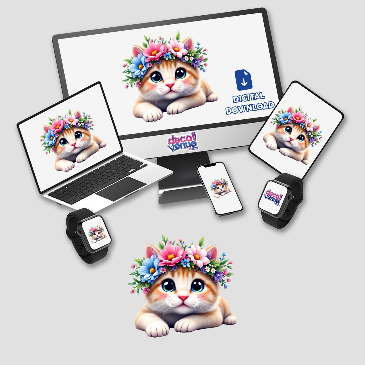 Sweet Cat Wearing a Vibrant Flower Crown displayed on a laptop screen, showcasing a digital artwork of a cat with floral adornments, ideal for stickers and art lovers.
