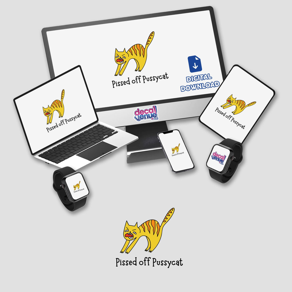 Pissed Off Pussycat digital artwork displayed on a computer monitor, laptop, smartwatch, and phone, showcasing a cartoon cat face with an annoyed expression. Available as stickers or digital artwork.