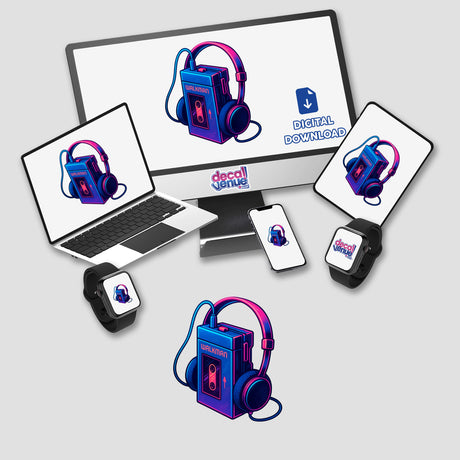 Walkman Cassette Player Clipart PNG & Sticker showcasing an 80s-style Walkman with headphones, ideal for retro crafts and stickers. Perfect for music enthusiasts and digital art projects.