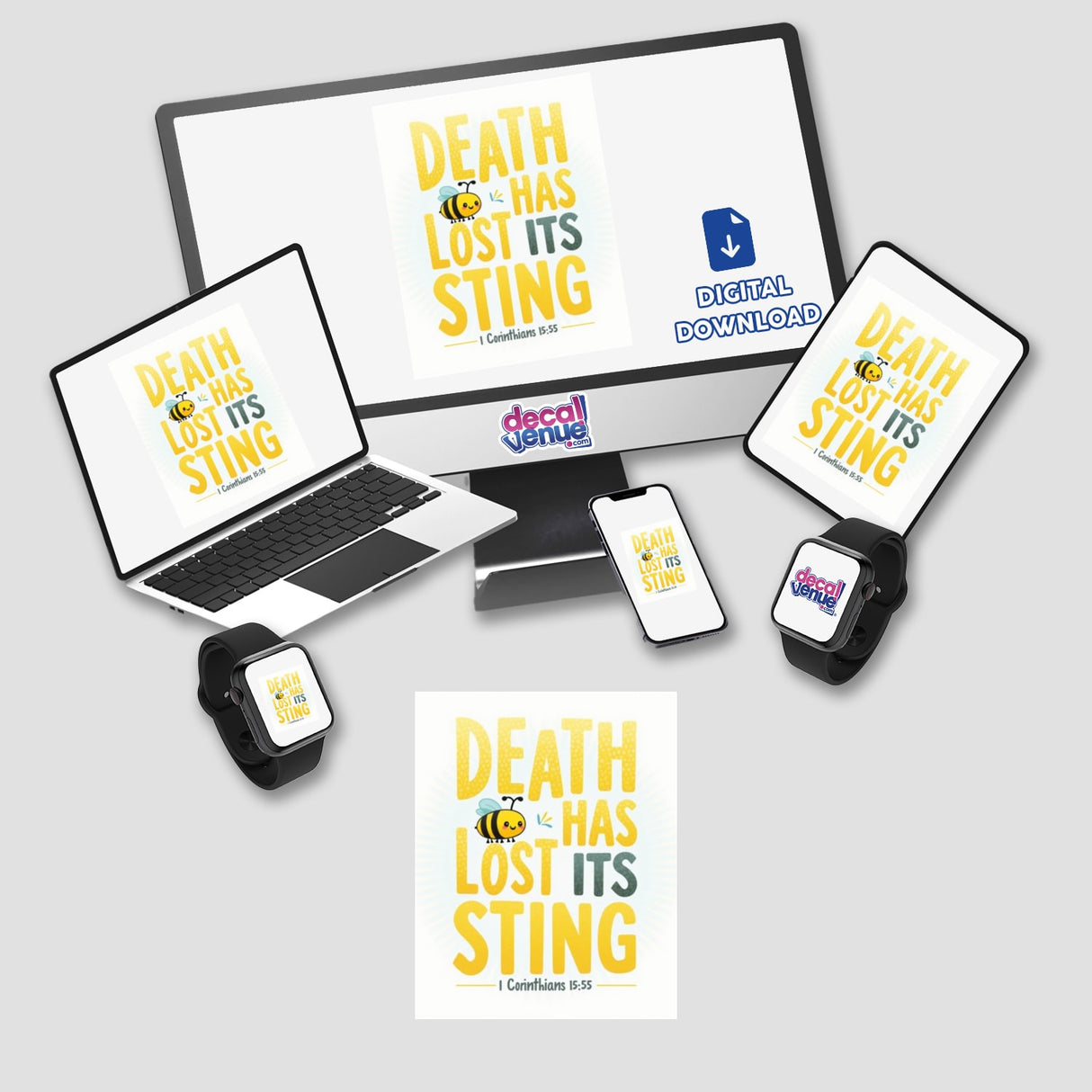 Death Has Lost Its Sting Bee Christian Sticker featuring a bee and text, inspired by 1 Corinthians 15:55, suitable as a Resurrection Sunday design for stickers or digital artwork.