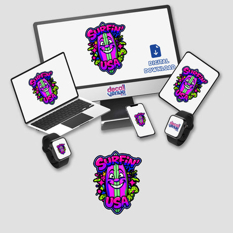 a computer, laptop, phone, and stickers on a desk