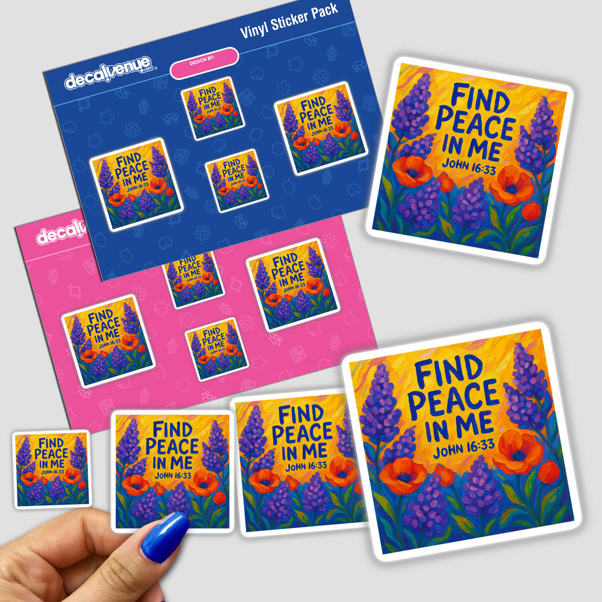 Find Peace in Me Sticker or Clipart featuring John 16:33, adorned with floral art. Available as stickers or digital artwork, ideal for commercial use from Decal Venue's unique collection.