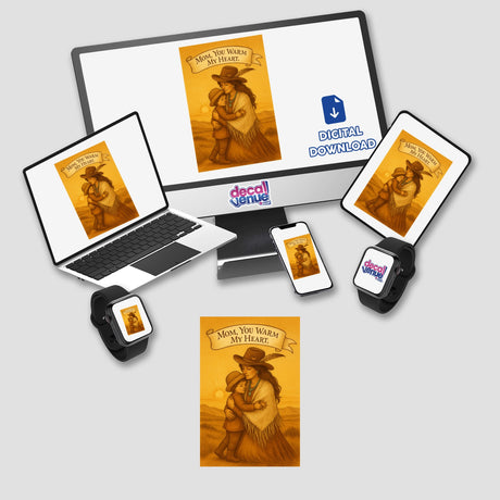 Boho Mystical Western Mother’s Day Sticker and Clipart titled Golden Horizon Hug, showcasing a mother and child on a laptop screen, available as stickers or digital artwork with commercial rights.