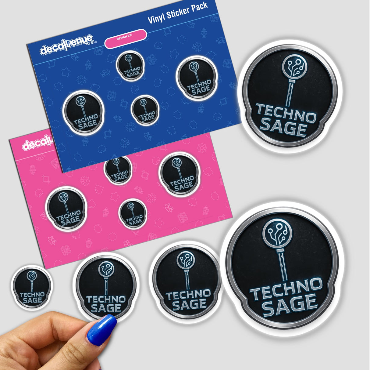 Techno Sage – RPG-Style Skill Badge features a silver and blue circuit crest, available as a sticker or digital artwork, embodying the unique vinyl aesthetic of Decal Venue.