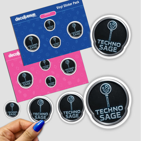 Techno Sage – RPG-Style Skill Badge features a silver and blue circuit crest, available as a sticker or digital artwork, embodying the unique vinyl aesthetic of Decal Venue.