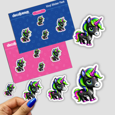 Cute And Magical Pony Unicorn sticker featuring a cartoon unicorn with rainbow hair and a horn, showcasing whimsical design elements, available as a sticker or digital artwork from Decal Venue.