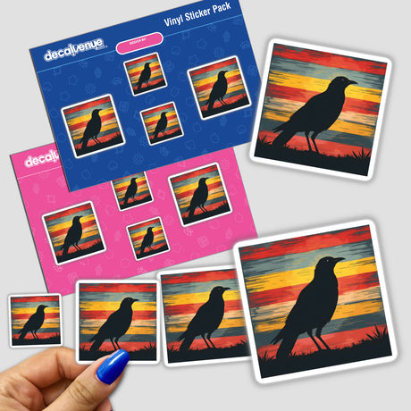 Bird Silhouette with Vibrant Stripes sticker, featuring a black bird silhouette against a colorful, abstract background.