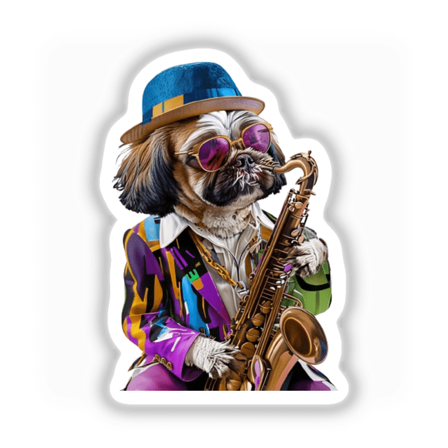 Hipster Shih Tzu Dog Playing Saxophone Clipart: A cartoon Shih Tzu in hat and sunglasses playing a saxophone, ideal for vibrant stickers and commercial use.