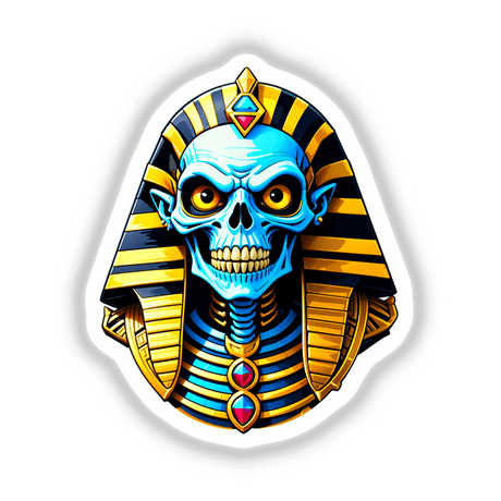 A cartoon depiction titled A Cool Egyptian Pharaoh Skull showcasing a skeleton adorned with a gold and blue mask and Egyptian garment, available as stickers or digital artwork from Decal Venue.