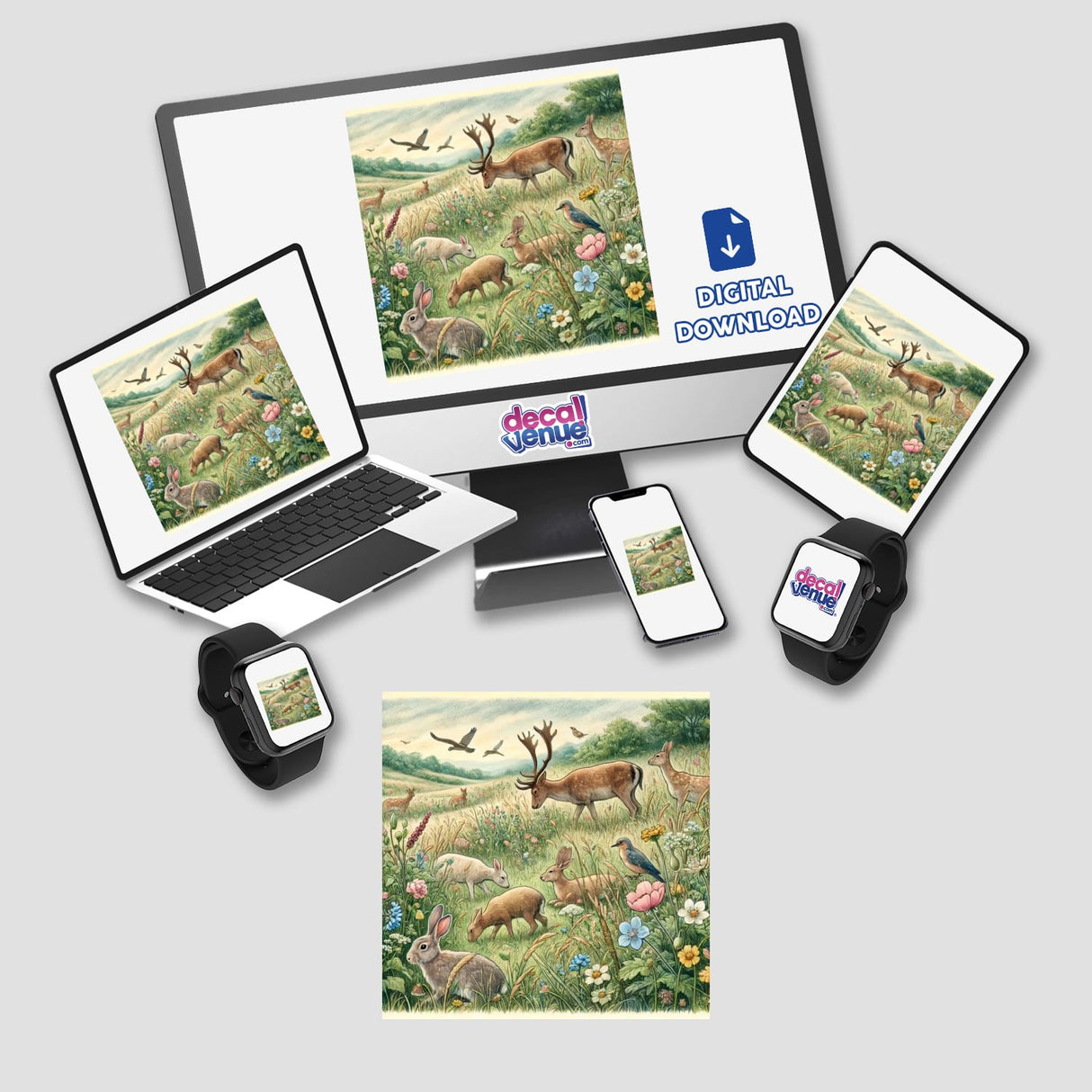 Tranquil Meadow Retreat digital artwork displayed on a laptop screen with various devices nearby, featuring animals in a serene meadow setting. Available as stickers or digital art from Decal Venue.