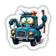 Calhambeque Algema: A cartoon blue car sticker with expressive eyes, a prominent grill, and detailed license plate. Available as stickers or digital artwork from Decal Venue.