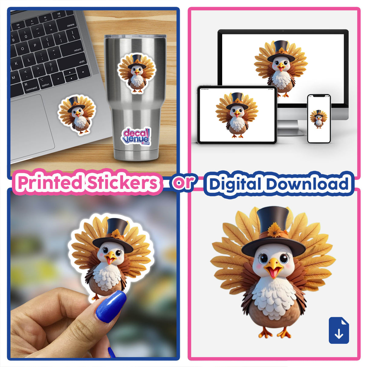 Kawaii Turkey with Pilgrim Hat Sticker displayed on a laptop and stainless steel cup. The cartoon turkey design is suitable for Thanksgiving crafts, available as stickers or digital artwork.