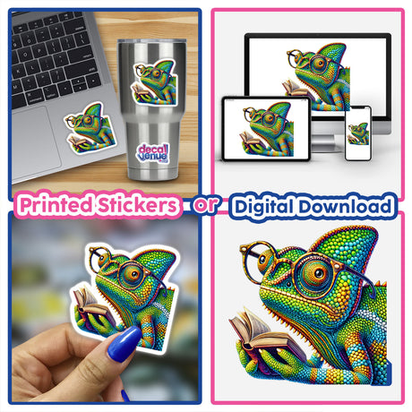 Chameleon With Reading Glasses Open Book sticker collage, featuring a chameleon reading a book, displayed on a laptop, cup, and held by a hand, showcasing vinyl sticker versatility.