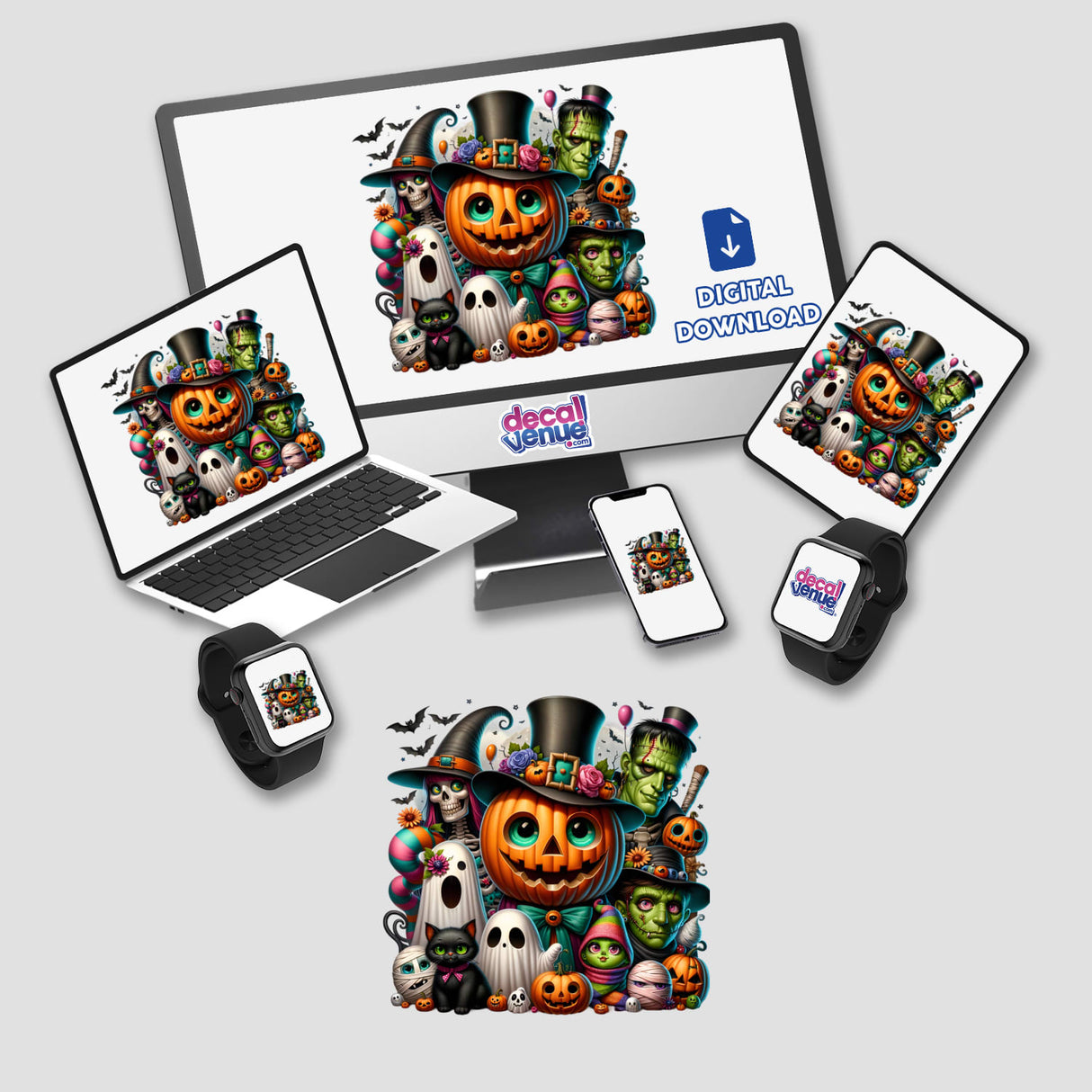 Halloween Family of Characters available as Stickers and Digital Artwork, featuring a colorful array of spooky characters on various devices.