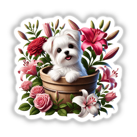 Maltese Dog Peeking Out of Flower Pot