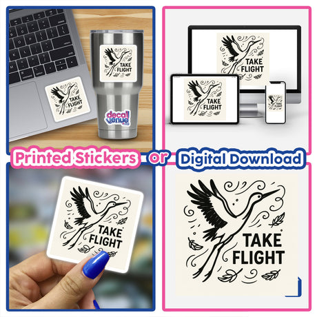Take Flight Crane Sticker: Graceful crane with bold black lines, swirling patterns, and TAKE FLIGHT text. Available in various sizes, crafted in durable, water-resistant vinyl for lasting inspiration.