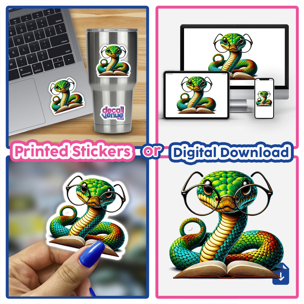 Snake With Reading Glasses Open Book: A whimsical sticker of a snake wearing glasses, deeply engrossed in an open book, ideal for personalizing reading spaces and promoting literature appreciation.
