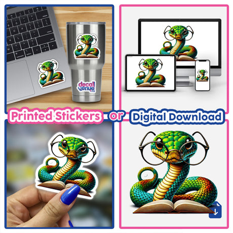 Snake With Reading Glasses Open Book: A whimsical sticker of a snake wearing glasses, deeply engrossed in an open book, ideal for personalizing reading spaces and promoting literature appreciation.