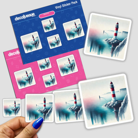 Lighthouse on the Cliff - Bohemian Watercolor Landscape sticker depicting a red and white lighthouse on a rocky shore. Available as stickers or digital artwork.