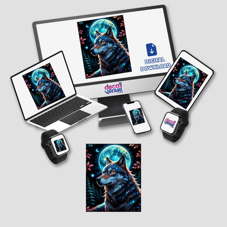 A Wolf In The Night With A Bright Moon displayed on various devices, showcasing a striking digital artwork of a wolf amidst stars and trees, available as stickers or digital art.