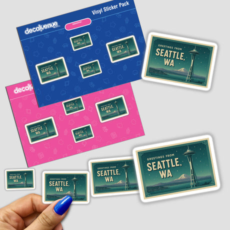 Greetings from Seattle Postcard Sticker or Clipart features vintage Space Needle art, available as stickers or digital artwork, embodying Decal Venue's unique vinyl and digital art offerings.