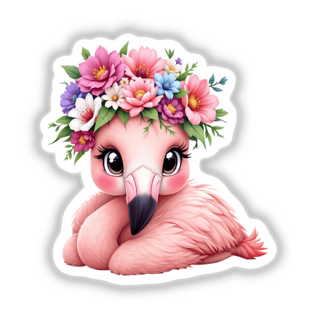 Adorable Flamingo with a Flower Crown sticker, featuring a cartoon flamingo adorned with vibrant flowers, ideal for whimsical decoration.