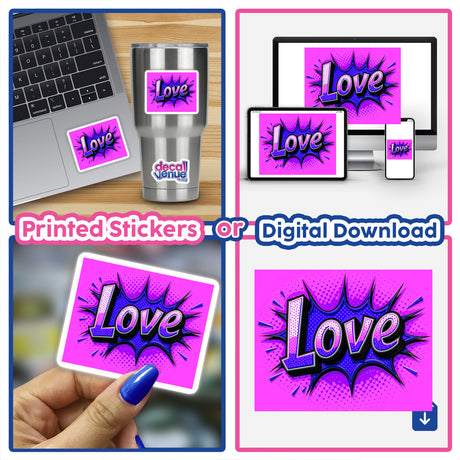 Collage featuring a laptop adorned with Love Valentine's Day sticker, emphasizing unique sticker design available as part of Decal Venue's collection.