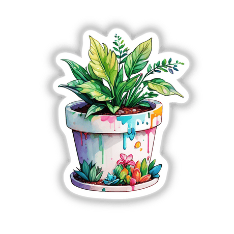 Botanical Sticker | Tropical Potted Plant for a Lush Aesthetic featuring a vibrant houseplant with colorful flowers, ideal for adding a touch of greenery and style to any space.