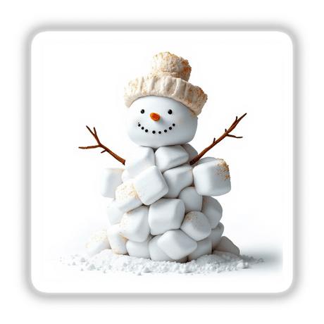 Marshmallow Snowman featuring stacked marshmallows with a snowman face made of black dots and a carrot nose, available as stickers or digital artwork from Decal Venue.