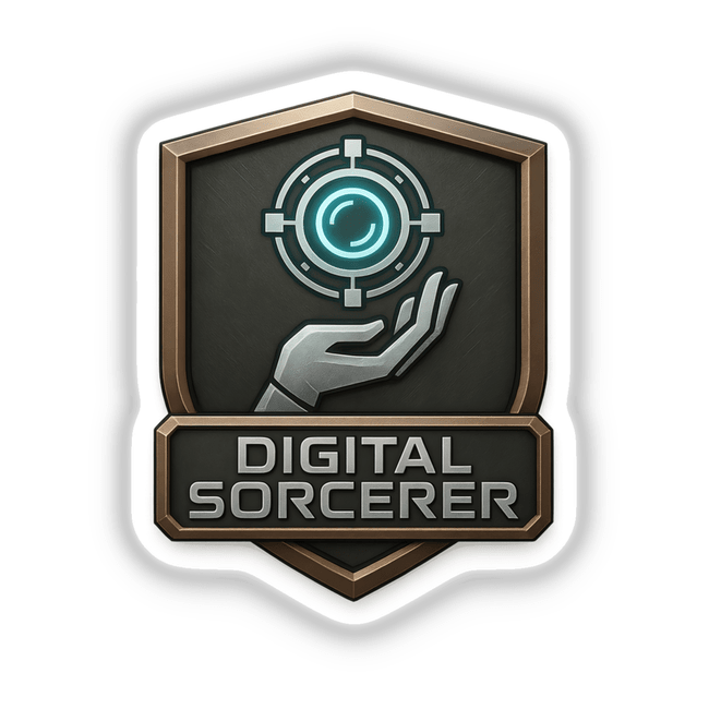 Digital Sorcerer – RPG-Style Skill Badge featuring intricate bronze and silver tech emblem design, available as unique stickers or digital artwork, embodying Decal Venue's signature style of distinctive vinyl creations.