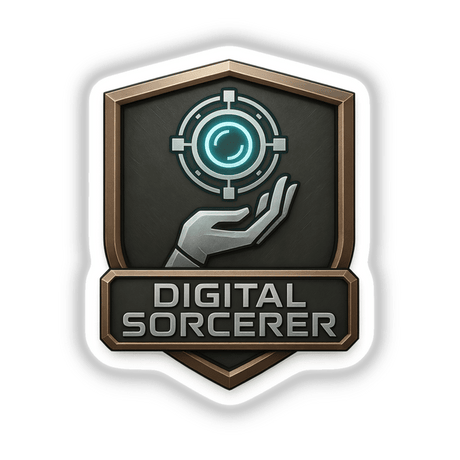 Digital Sorcerer – RPG-Style Skill Badge featuring intricate bronze and silver tech emblem design, available as unique stickers or digital artwork, embodying Decal Venue's signature style of distinctive vinyl creations.