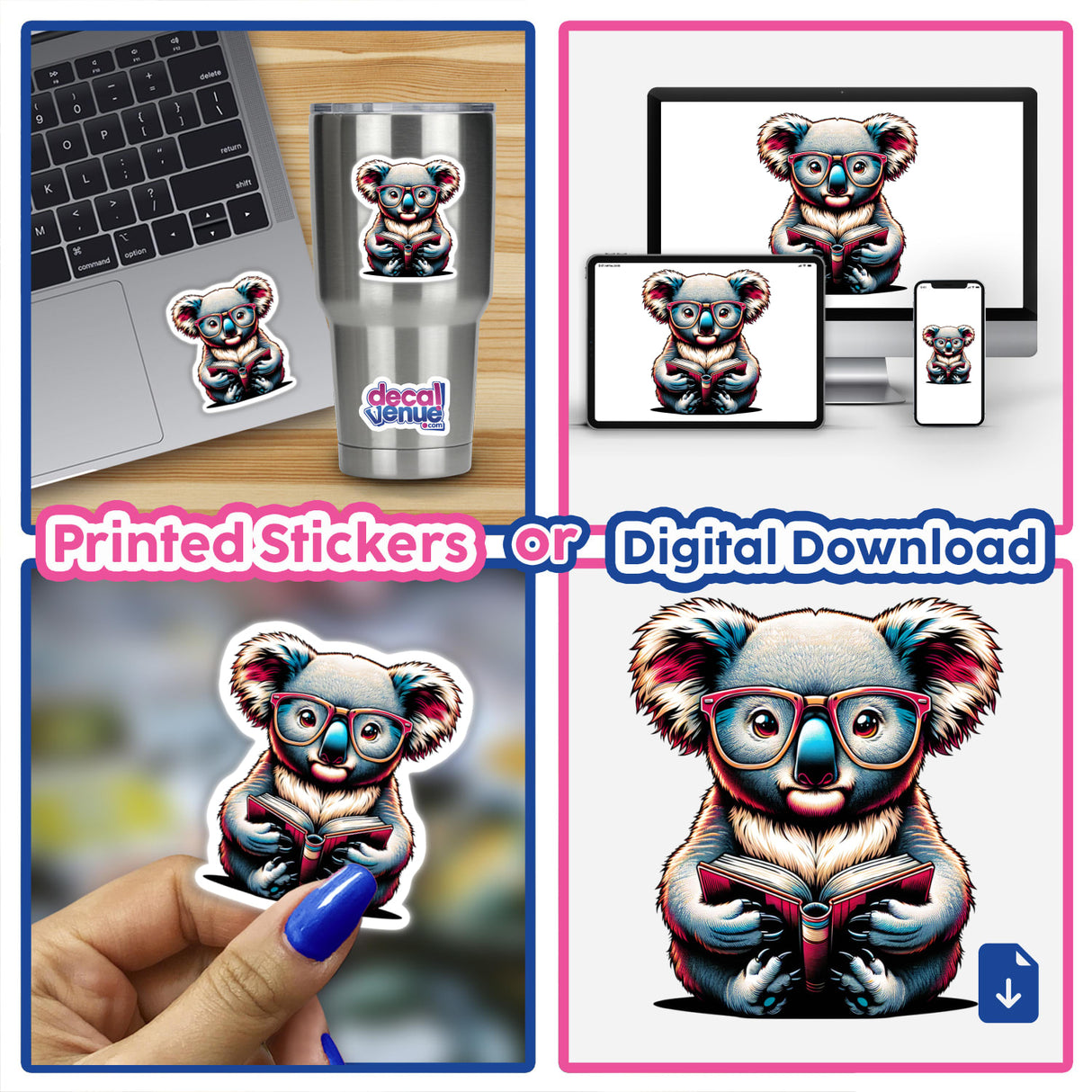 Koala Bear With Reading Glasses Open Book sticker collage, featuring koalas reading, on devices like laptops and phones, available as stickers or digital artworks from Decal Venue.