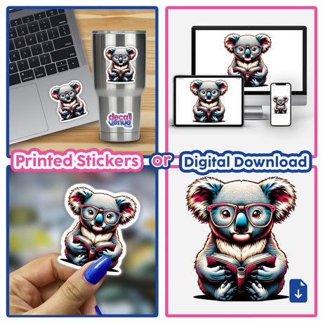 Koala Bear With Reading Glasses Open Book sticker collage, featuring koalas reading, on devices like laptops and phones, available as stickers or digital artworks from Decal Venue.