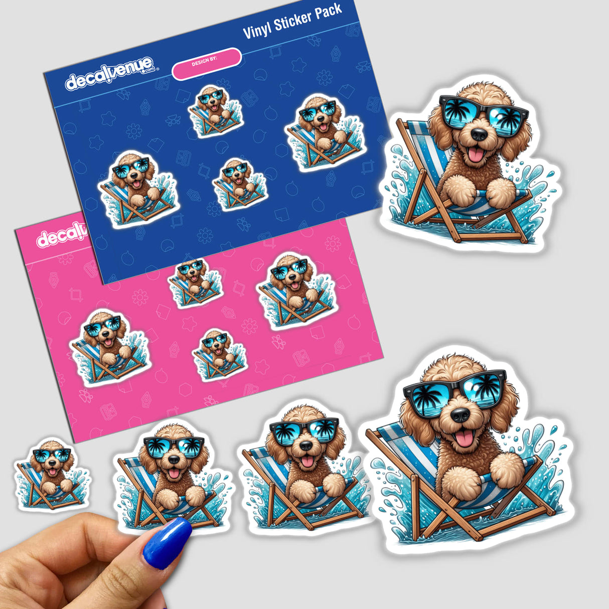Peeking Golden Doodle sitting in a beach chair, wearing sunglasses, featured in a sticker pack from Decal Venue, highlighting unique vinyl stickers and digital art.