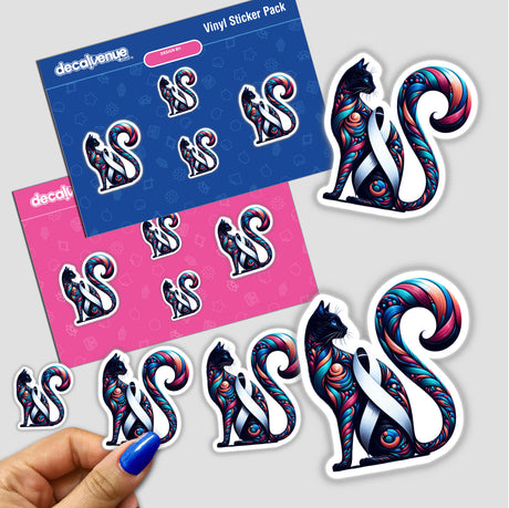 Cat White Ribbon Bone Cancer Awareness sticker featuring a colorful cat with a white ribbon design. Available as a vinyl sticker or digital artwork from Decal Venue.