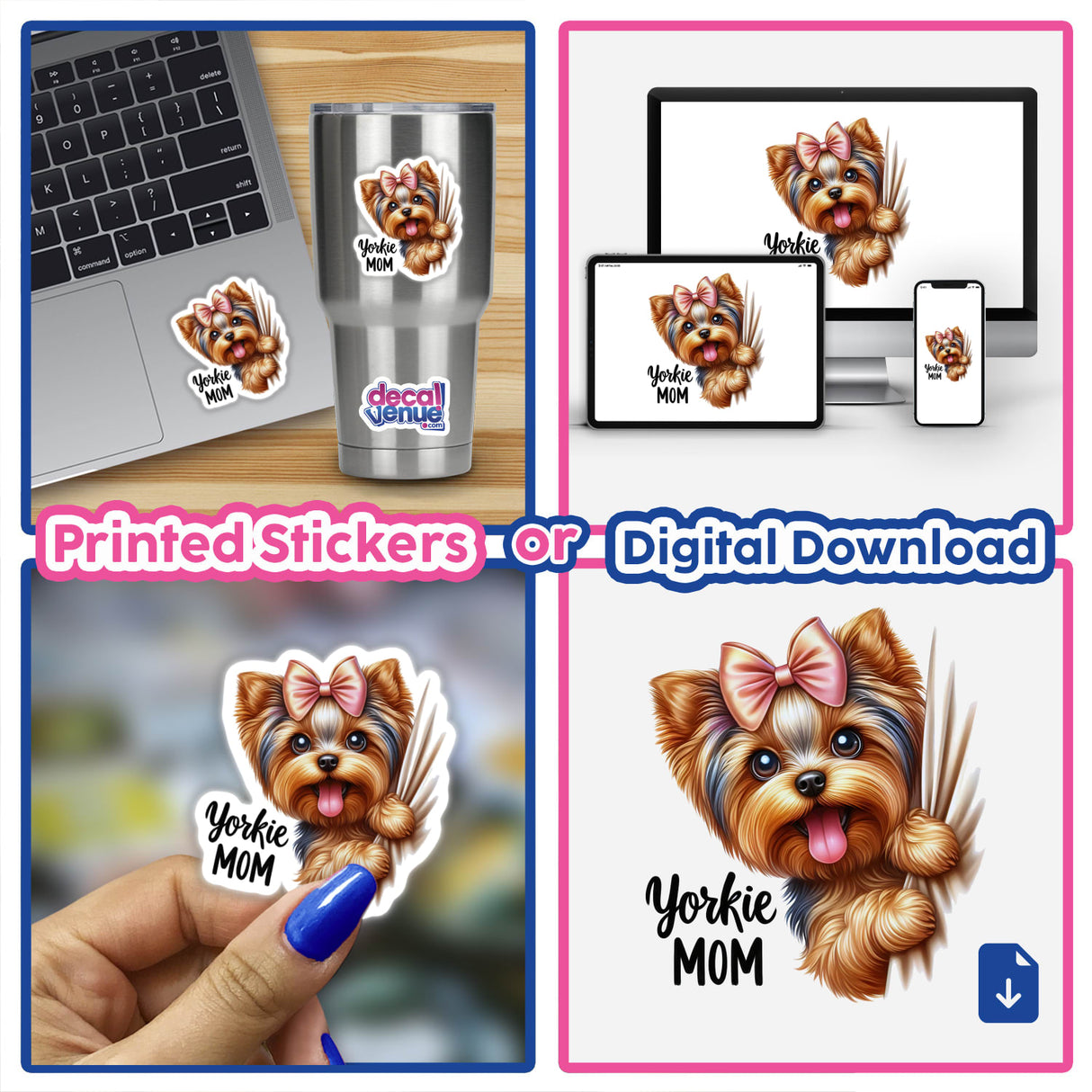 Cute Yorkshire Terrier dog with pink bow illustrations showcasing a Yorkie Mom digital artwork available as printed stickers or digital download on various devices and products.