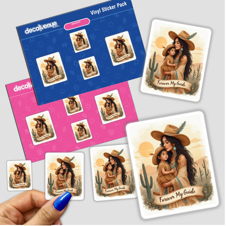 Boho Mystical Western Mother’s Day Sticker and Clipart features a woman holding a child, available as stickers or digital artwork with commercial rights, titled Forever My Guide.