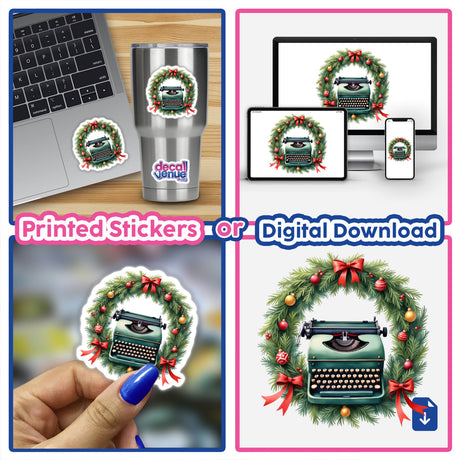 Typewriter in a Christmas Wreath design, featuring a vintage typewriter encircled by a festive wreath. Available as stickers or digital downloads from DecalVenue, perfect for holiday decor.
