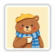 Charming Bear with Tea and Beret cartoon illustration, available as stickers or digital artwork, features a cute bear holding a tea cup, embodying the unique charm of Decal Venue's offerings.