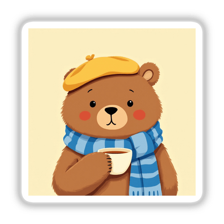 Charming Bear with Tea and Beret cartoon illustration, available as stickers or digital artwork, features a cute bear holding a tea cup, embodying the unique charm of Decal Venue's offerings.