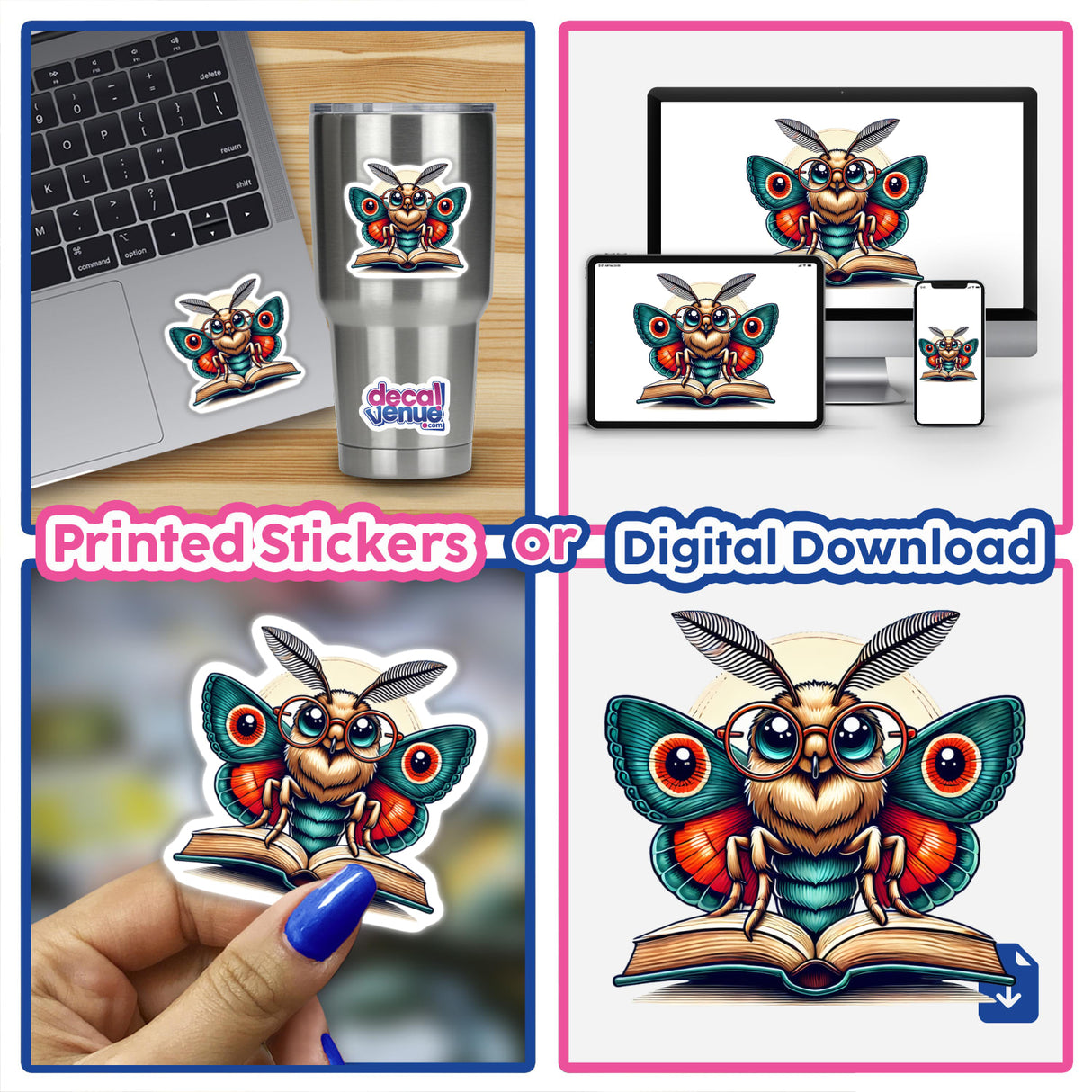 Moth in Reading Glasses with Book: A hand holds a sticker of a cartoon moth wearing glasses, depicted reading a book. Available as stickers or digital artwork from Decal Venue.