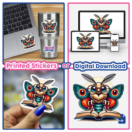 Moth in Reading Glasses with Book: A hand holds a sticker of a cartoon moth wearing glasses, depicted reading a book. Available as stickers or digital artwork from Decal Venue.