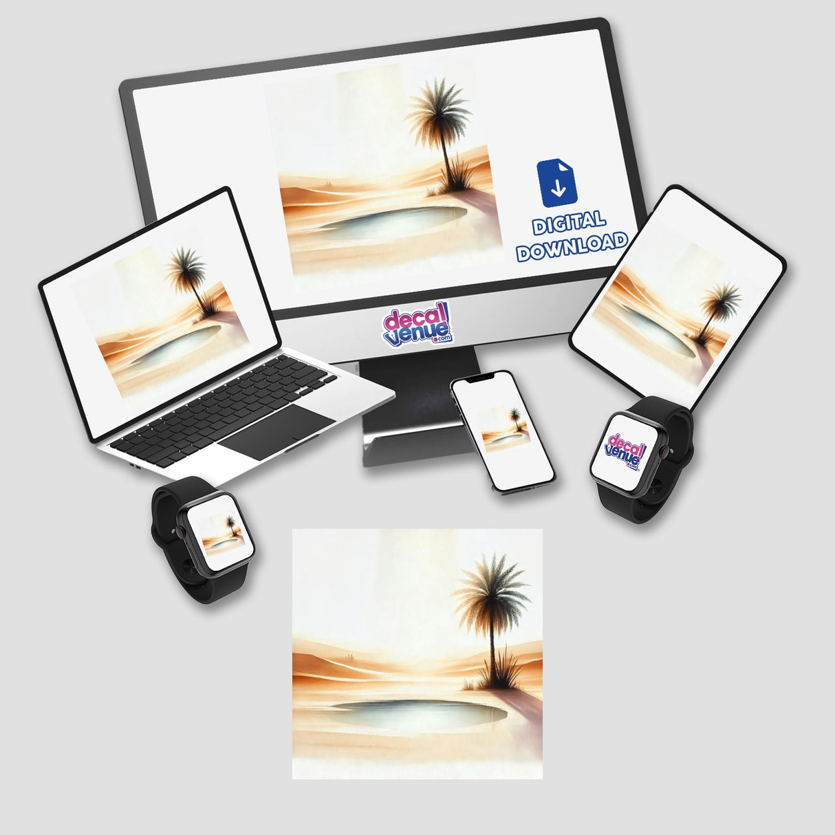 Desert Oasis - Serene Boho Watercolor Scene featuring a palm tree and pool is shown on a computer monitor, laptop, phone, and tablet. Available as stickers or digital artwork.