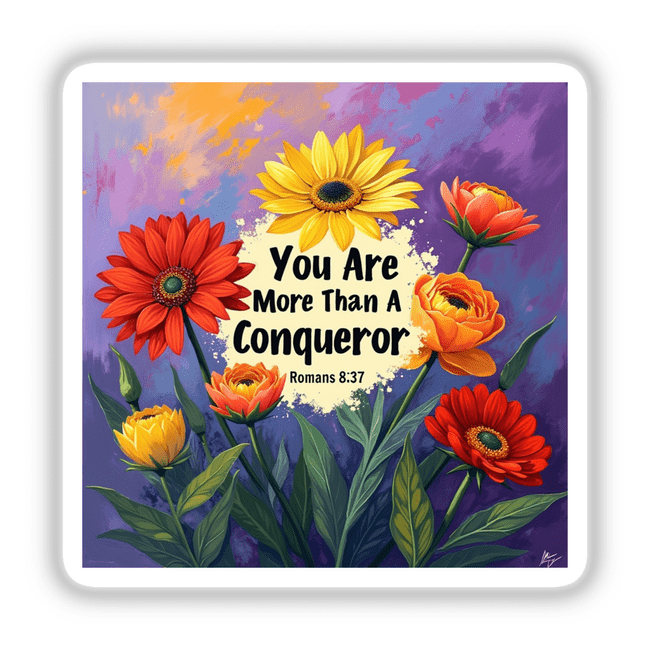 Fauvist Spring Ranunculus “You Are More Than A Conqueror” Romans 8:37 Sticker or Clipart featuring a vibrant floral design, perfect for unique vinyl projects or digital art with commercial rights.