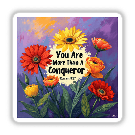 Fauvist Spring Ranunculus “You Are More Than A Conqueror” Romans 8:37 Sticker or Clipart featuring a vibrant floral design, perfect for unique vinyl projects or digital art with commercial rights.