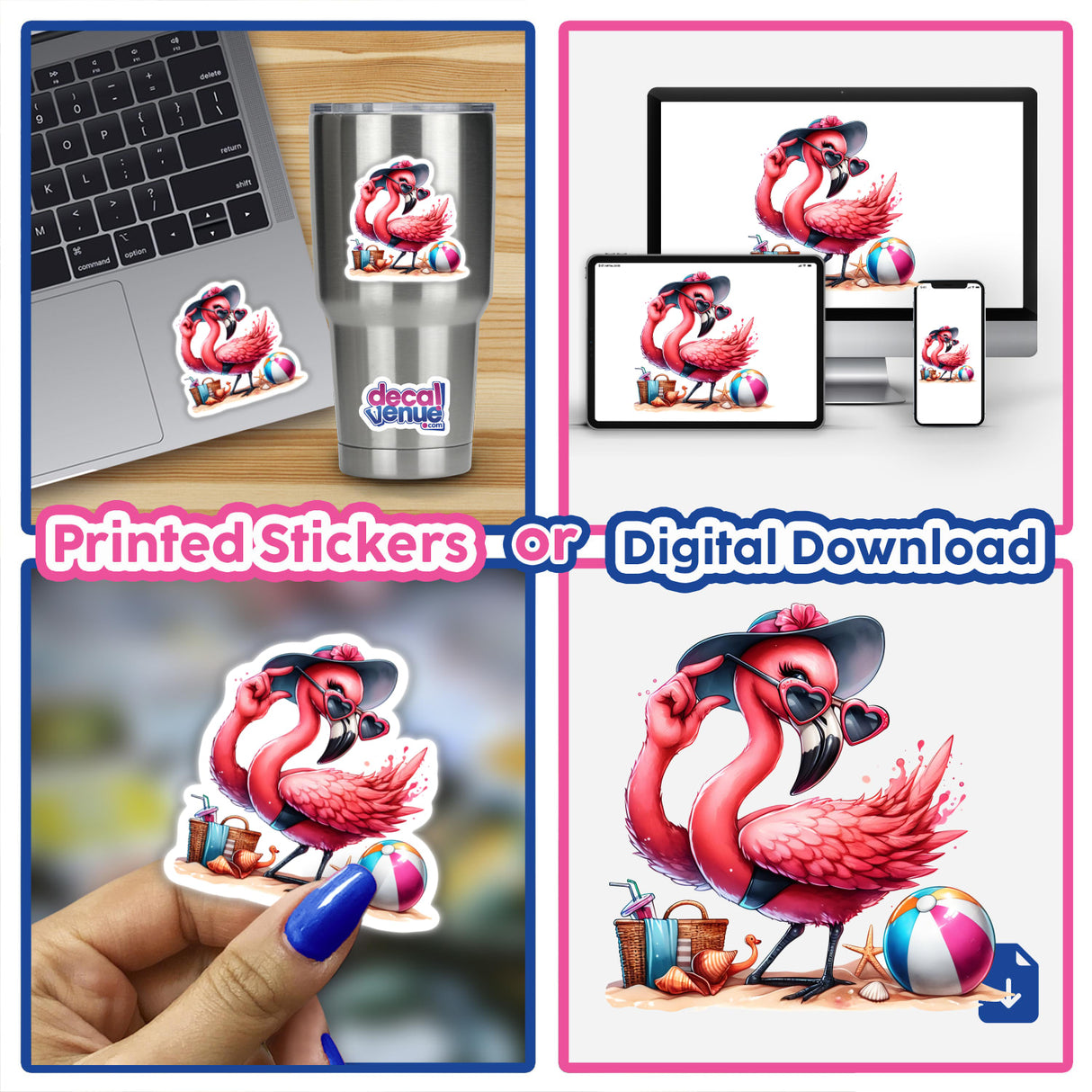 Beach Flamingo Posing at Beach - Colorful digital artwork featuring a flamingo relaxing on a tropical beach, surrounded by beach accessories like sunglasses and beach balls.