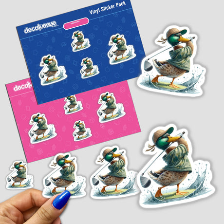 Watercolor Mallard Duck Camo Golfer sticker pack featuring cartoon ducks with hats and golf clubs, showcasing a unique blend of art and outdoor themes. Perfect for personalizing gear.