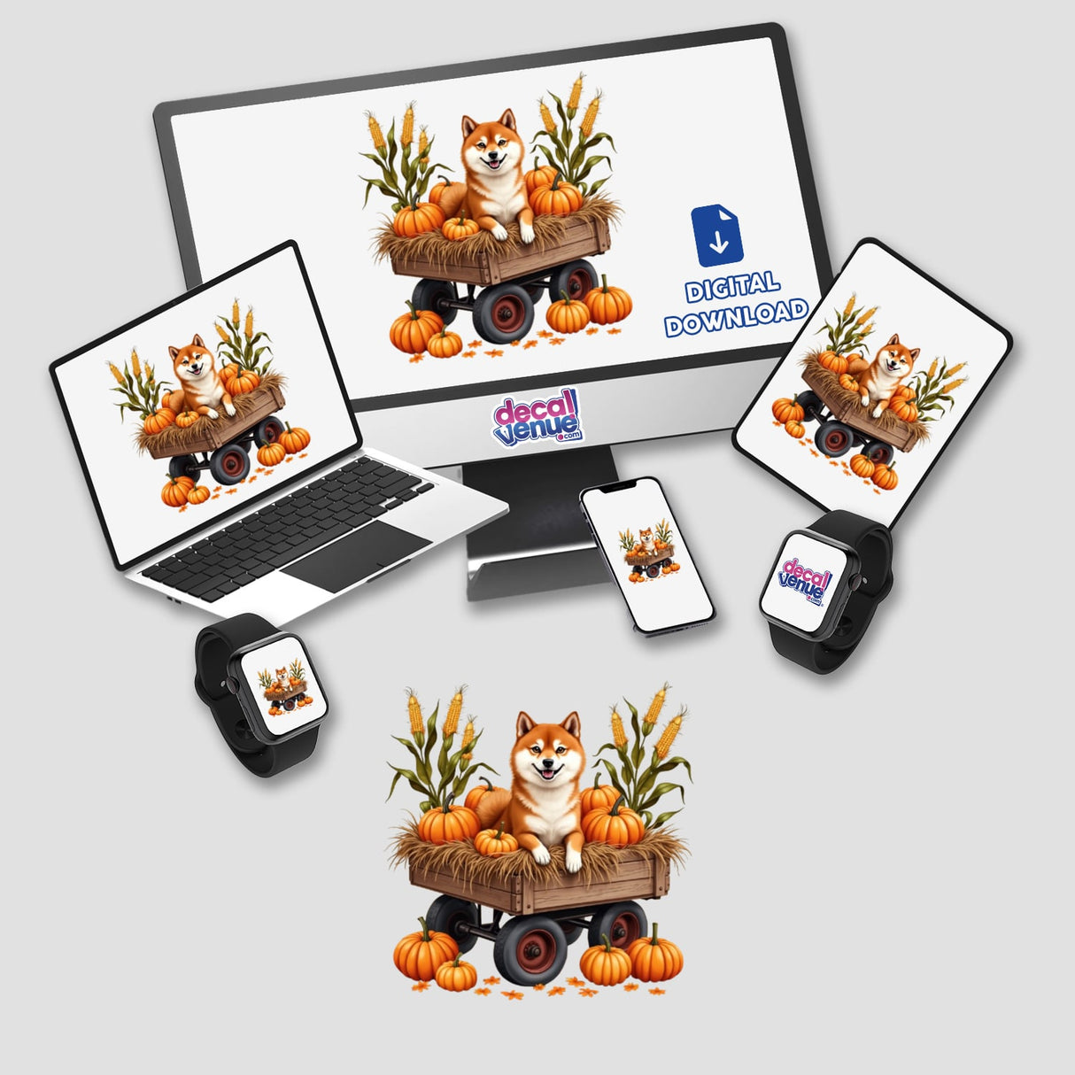 Cozy Fall Aesthetic Shiba Inu Clipart Stickers or Commercial Rights Download shows a dog in a pumpkin cart displayed on a computer monitor and laptop.