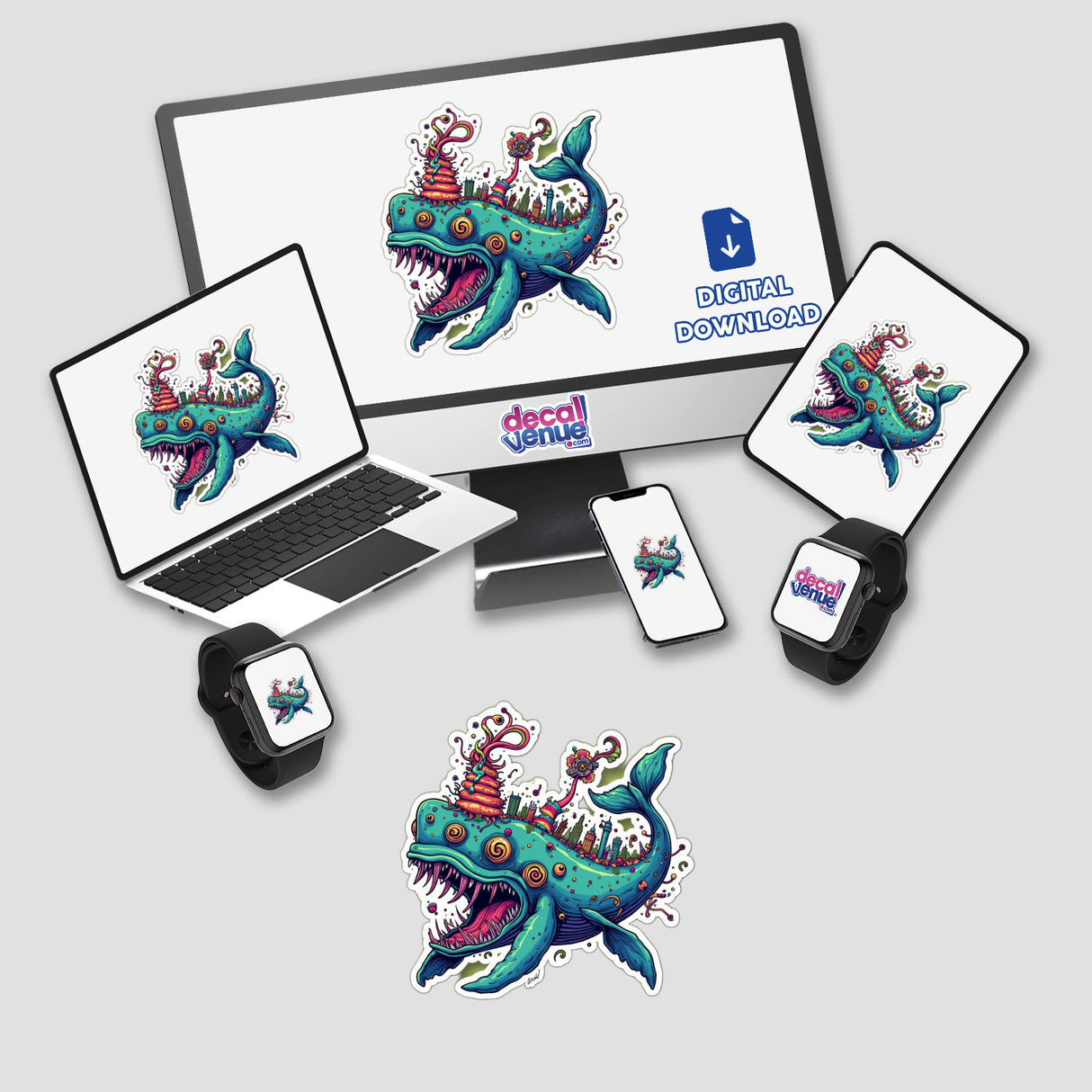 Baleia Fantasia digital artwork displayed on various devices including a monitor, laptop, tablet, and phone, featuring whimsical cartoon characters and a whale with a city on its head.