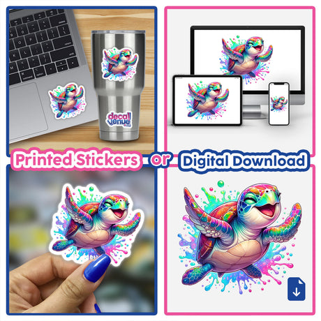 Colorful Happy Turtle Splash sticker, featuring a vibrant cartoon sea turtle with spread wings, displayed on a laptop. Available as a sticker or digital artwork from Decal Venue.